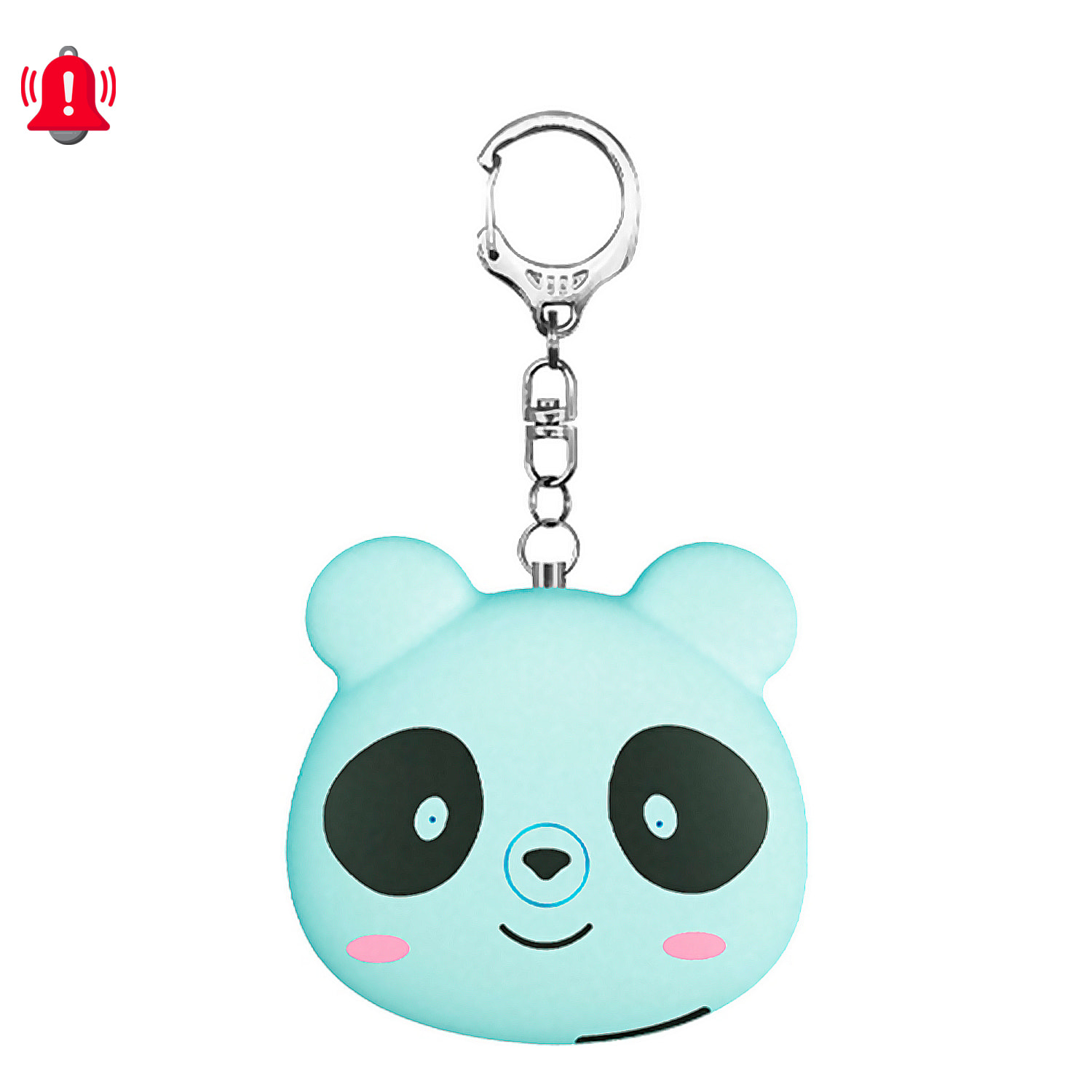 Allarme SOS personale con design panda e suono di 130dB. Batteria ricaricabile e attivazione rapida tirando l'anello.