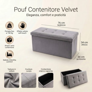 Pouf contenitore in velluto 76x34x34 cm, panca pieghevole con vano capiente, seduta imbottita trapuntata resistente fino a 150 kg, design elegante Double Velvet, salvaspazio ideale per camera soggiorno ingresso e fondo lett