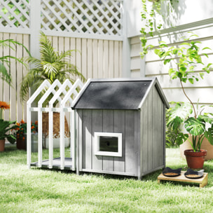 Niche villa pour chien sur pied - terrasse, claustra, auvent, porte, fenêtre, toit bitumé - bois blanc gris