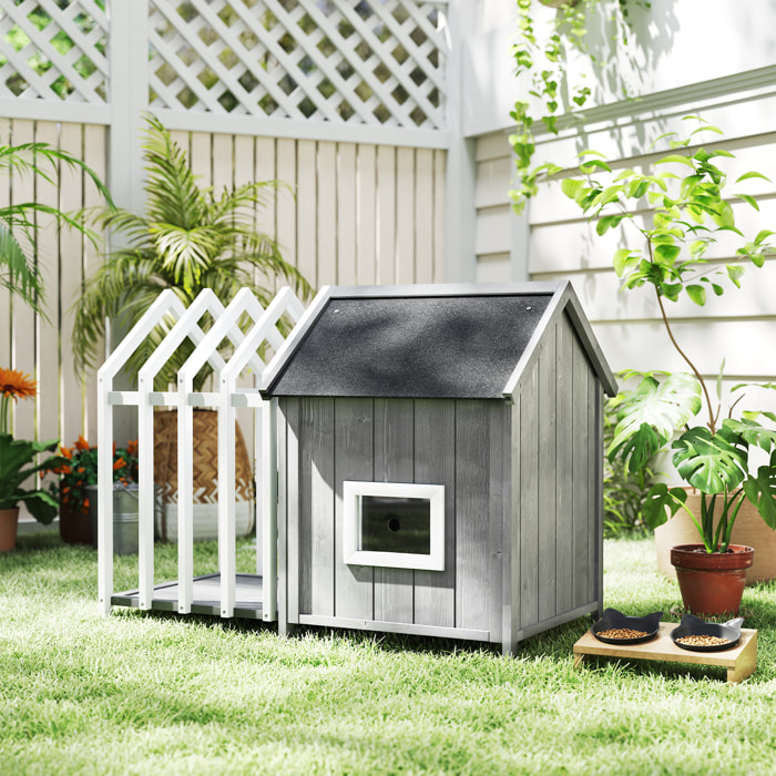 Niche villa pour chien sur pied - terrasse, claustra, auvent, porte, fenêtre, toit bitumé - bois blanc gris