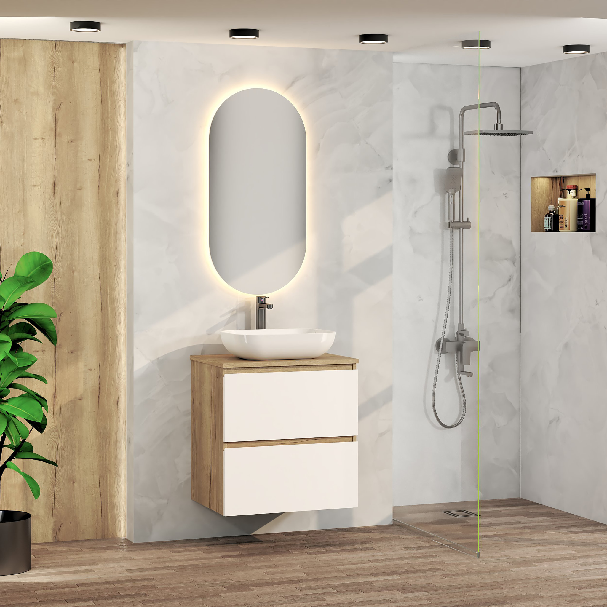 Conjunto de Baño Nia | Mueble Suspendido | 60 cm Blanco | Dos Cajones | Lavabo Sobrepuesto | No incluye Espejo | Mueble Montado| Alday