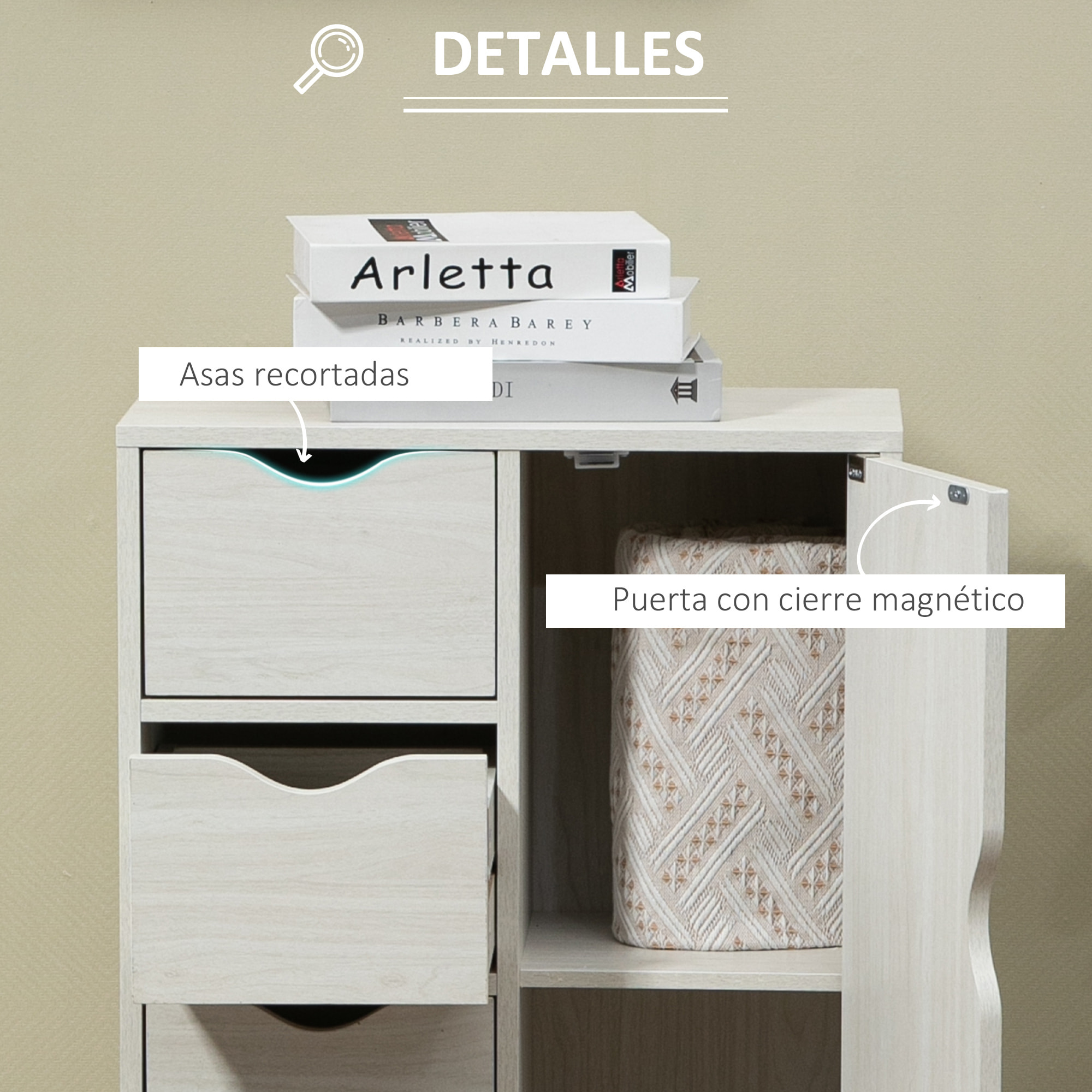 Armario de Salón Aparador Auxiliar con 4 Cajones 1 Puerta y Estante Interior Mueble de Almacenaje Multiusos para Baño Dormitorio Comedor 54x29x83 cm Blanco con Grano de Madera