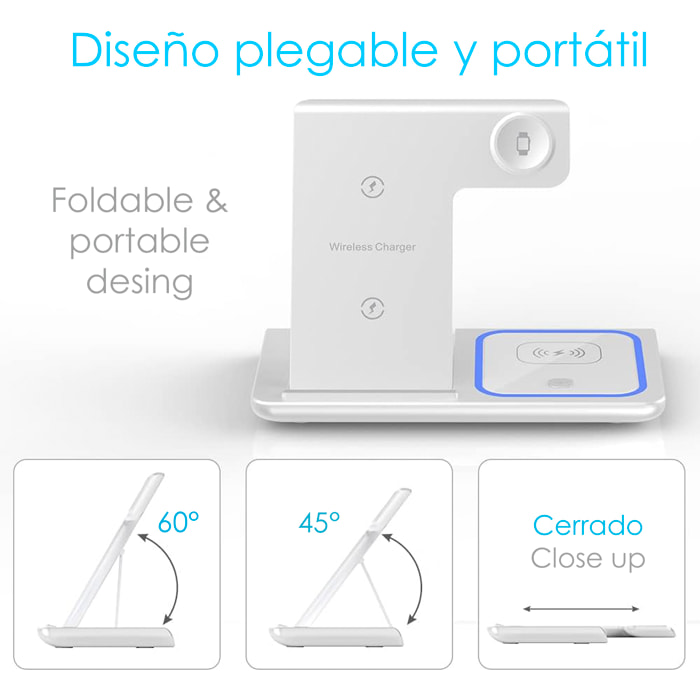 DAM Base de carga inalámbrica plegable 3 en 1. Base Qi 15W doble posición, cargador de Apple Watch y base Qi. Con luz de ambiente azul. Función stand. 16,5x9,3x10,1 Cm. Color: Blanco