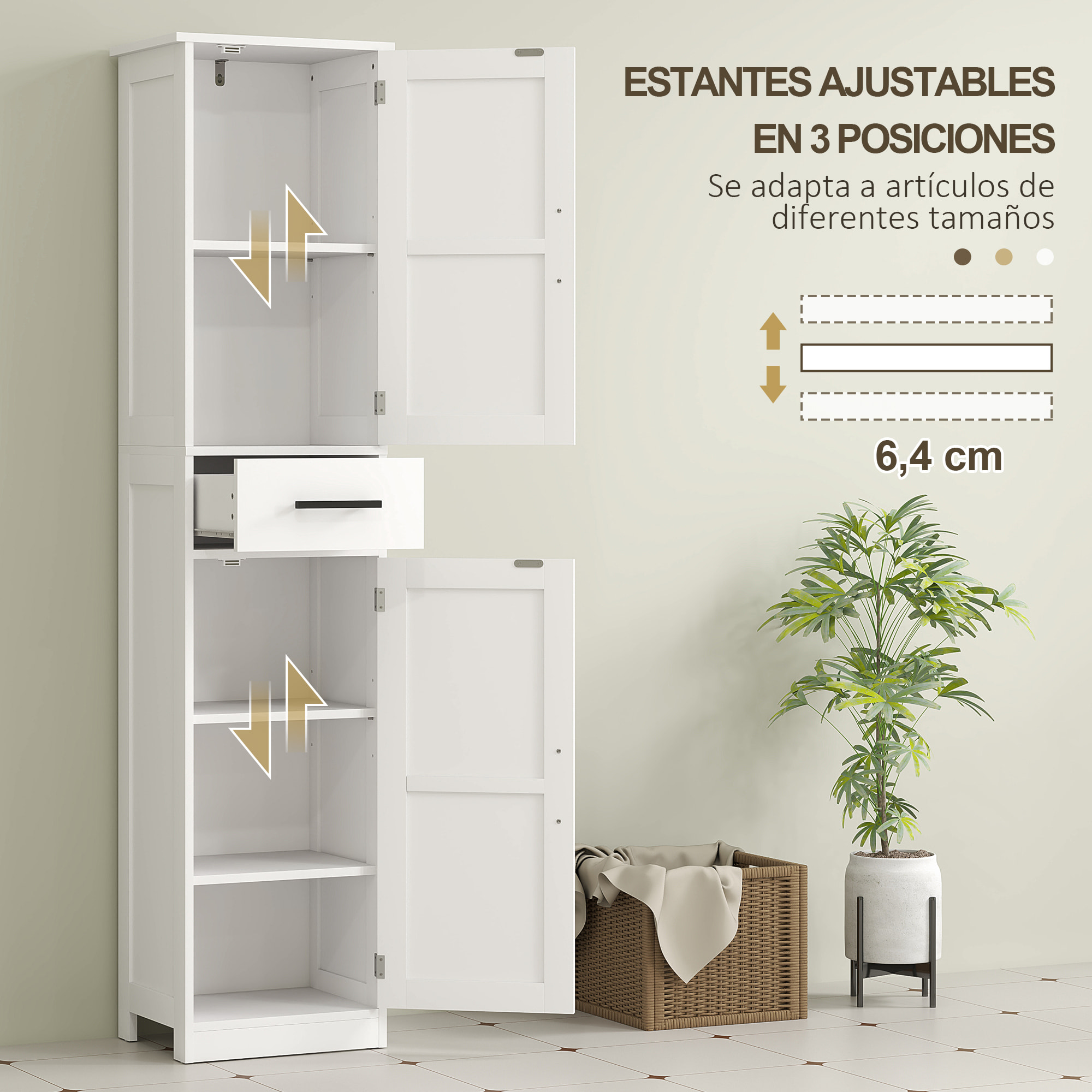 Armario Alto de Baño Estrecho con 2 Puertas 1 Cajón y 2 Estantes Ajustables Columna de Baño Estilo Rústico para Salón Aseo Cocina 40x30x170 cm Blanco