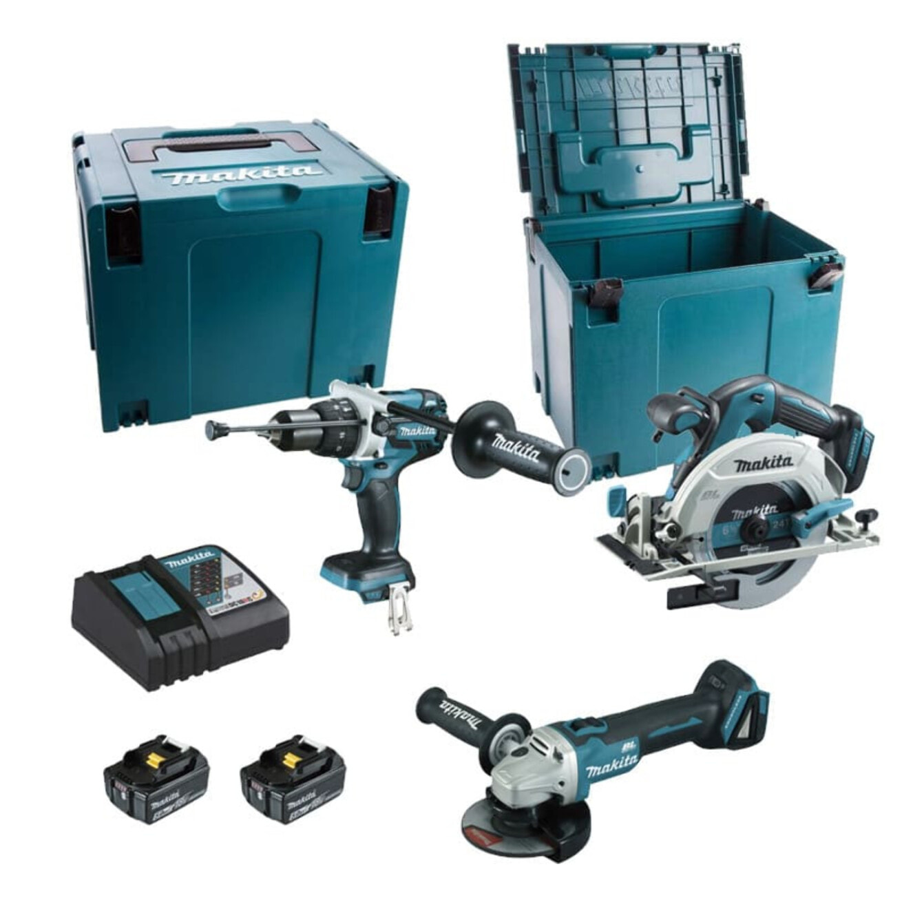 Juego de 3 máquinas 18 V Li-Ion 5 Ah MAKITA Taladro DHP481 + Amoladora DGA506 + Sierra DHS680 - 2 baterías, cargador, maletín - DLX3095PTJ