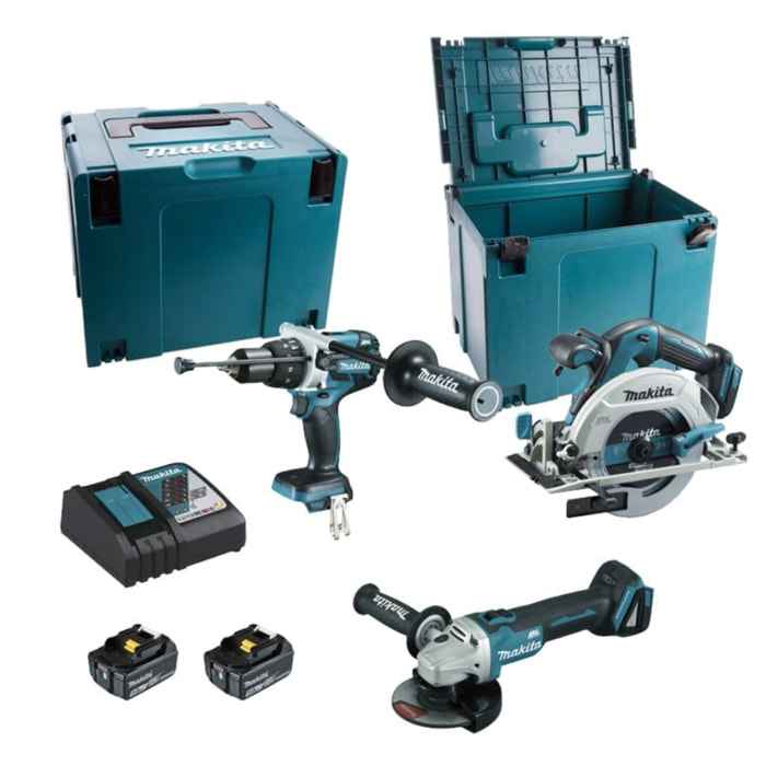 Juego de 3 máquinas 18 V Li-Ion 5 Ah MAKITA Taladro DHP481 + Amoladora DGA506 + Sierra DHS680 - 2 baterías, cargador, maletín - DLX3095PTJ