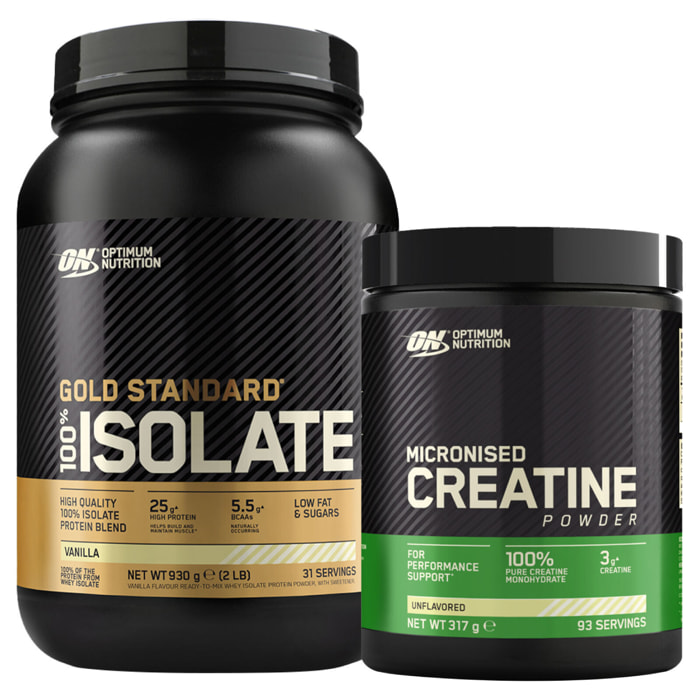 100% Gold Standard Isolate Proteine Whey in Polvere con BCAA Vaniglia 930g 31 Porzioni + Micronised Creatine Monohydrate per la Performance Non Aromatizzato 317g 93 Porzioni