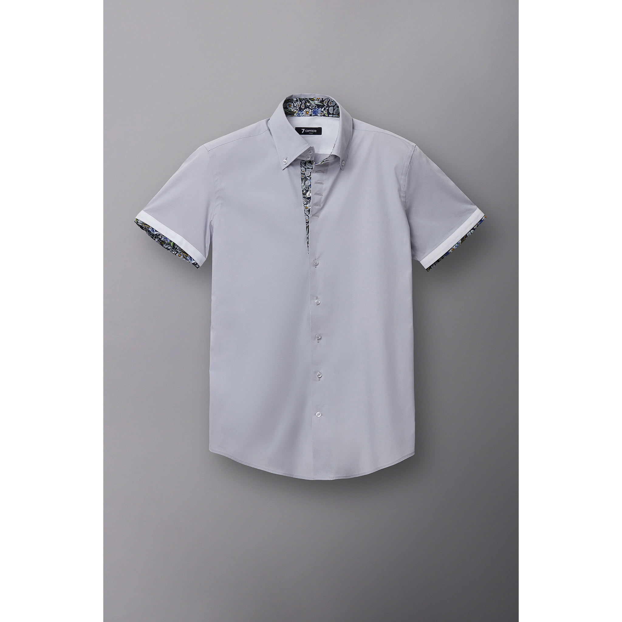 Camicia Uomo Manica Corta 2 Bottoni Button Down 7 Botto Popeline Stretch Unito Grigio