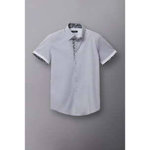 Camicia Uomo Manica Corta 2 Bottoni Button Down 7 Botto Popeline Stretch Unito Grigio
