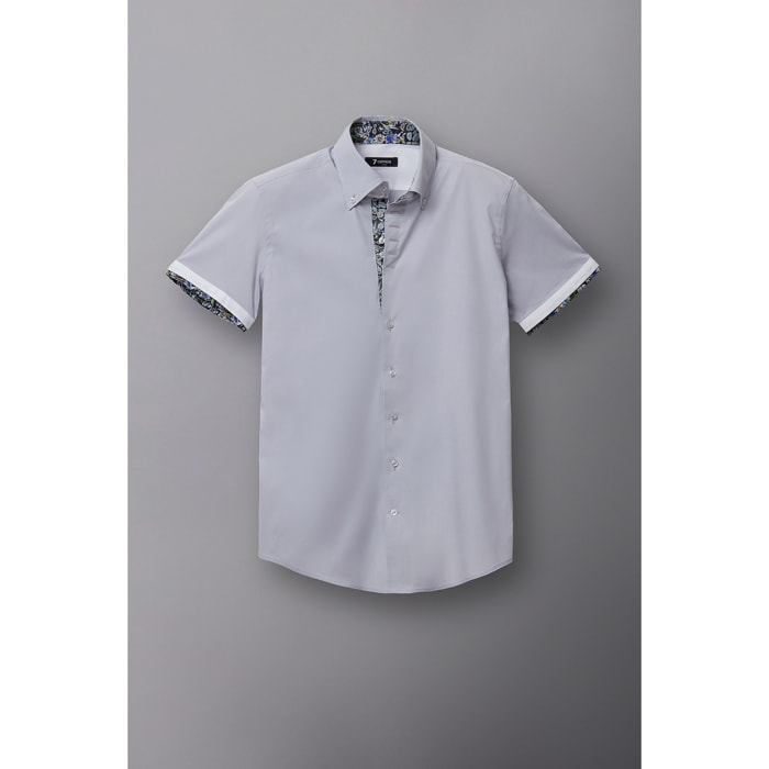 Camicia Uomo Manica Corta 2 Bottoni Button Down 7 Botto Popeline Stretch Unito Grigio