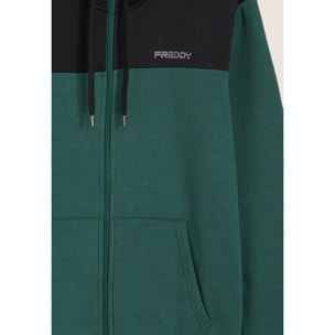 Tuta con cappuccio colour block e fondo a costine