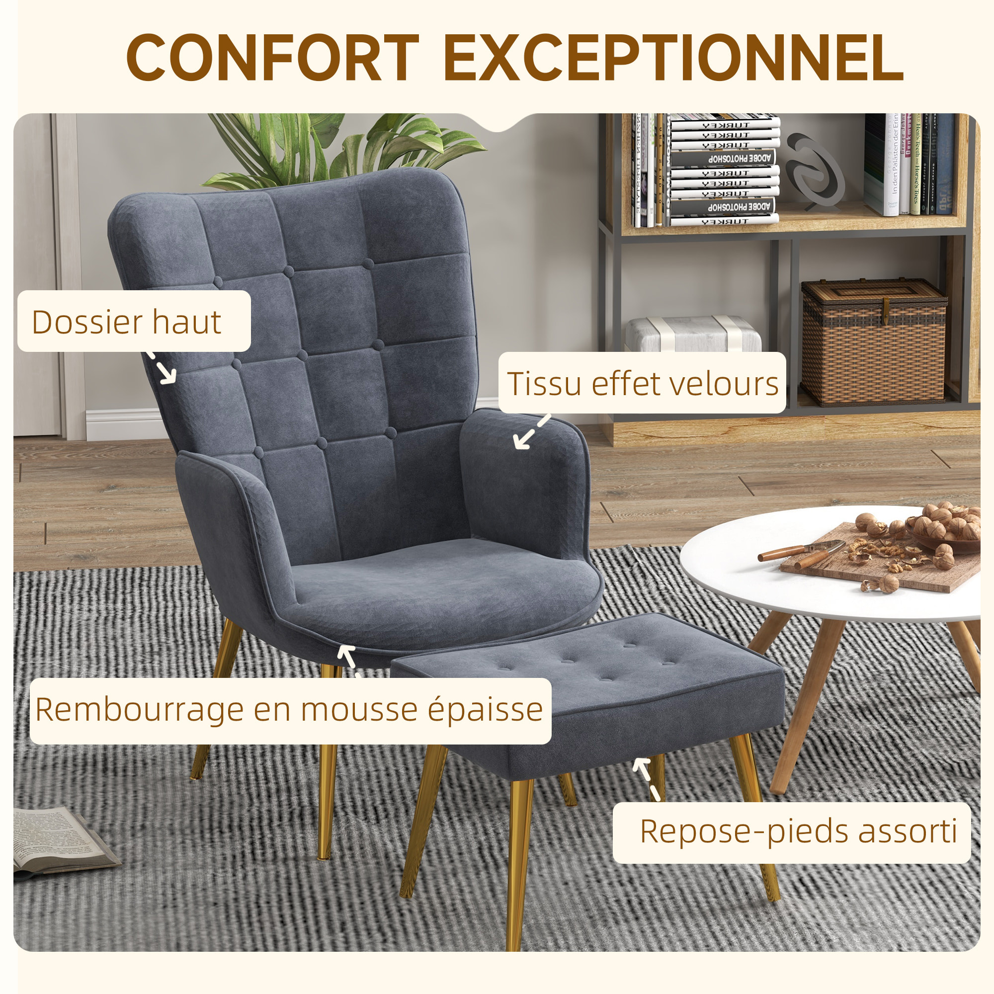 Fauteuil design à oreilles avec repose-pieds métal doré velours gris