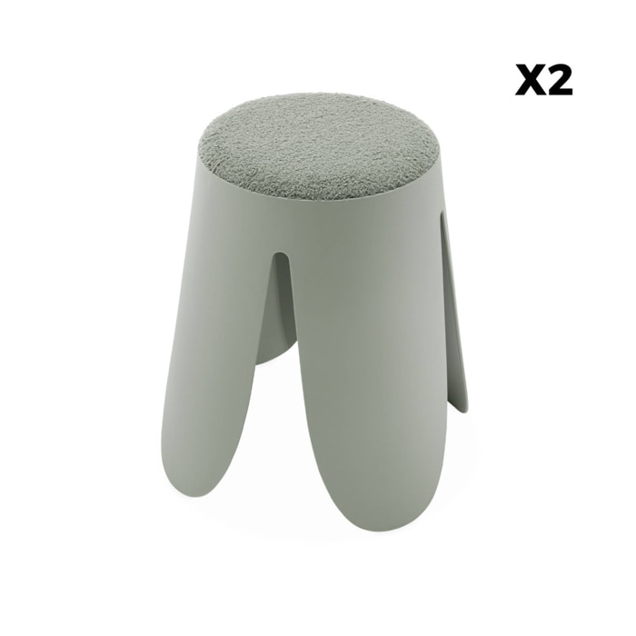 Set de 2 tabourets empilables vert céladon. bouclette texturée. NIKI. Ø30 / 44 x H46cm