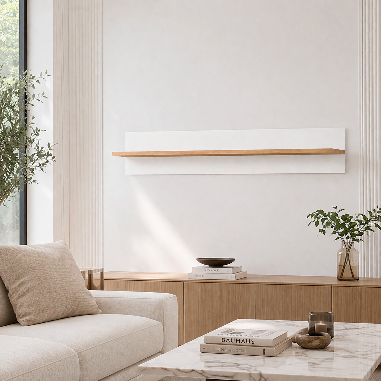 Mensola Da Soggiorno Parete Muro Ripiano Libri Oggetti Decorativa Salotto Arredo Design Moderno Minimal Living Abbinabile 138x20x20 Cm Bianco E Rovere