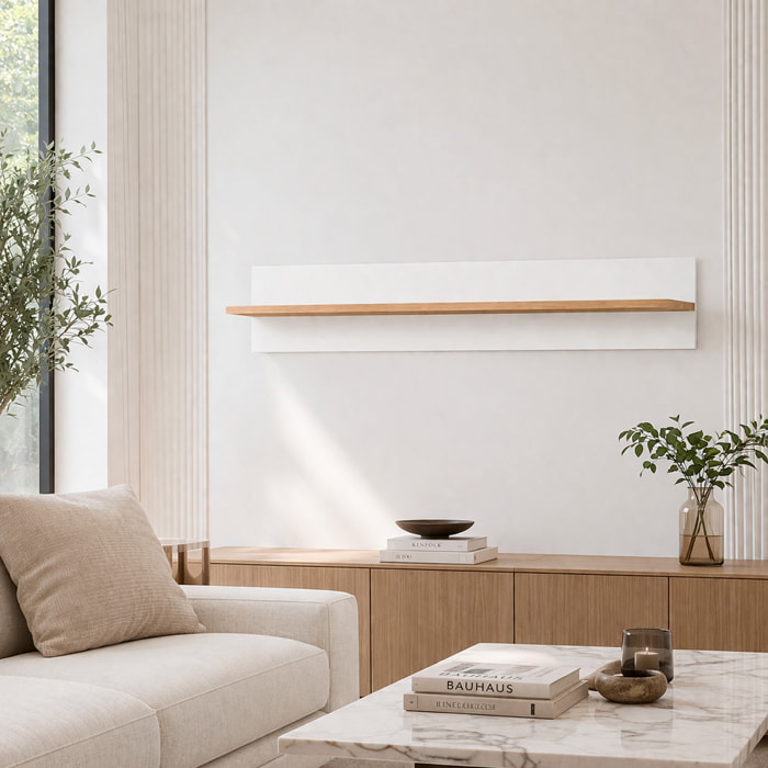 Mensola Da Soggiorno Parete Muro Ripiano Libri Oggetti Decorativa Salotto Arredo Design Moderno Minimal Living Abbinabile 138x20x20 Cm Bianco E Rovere