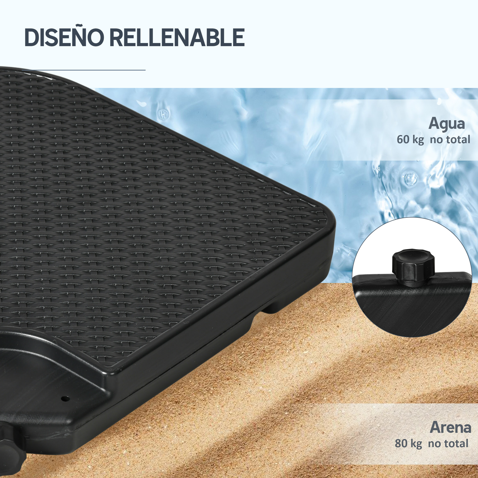 Base para Sombrilla de 4 Piezas, Soporte para Parasol de HDPE Rellenable con Agua 59 kg o Arena 80 kg, para Jardín, Patio, Terraza, Negro