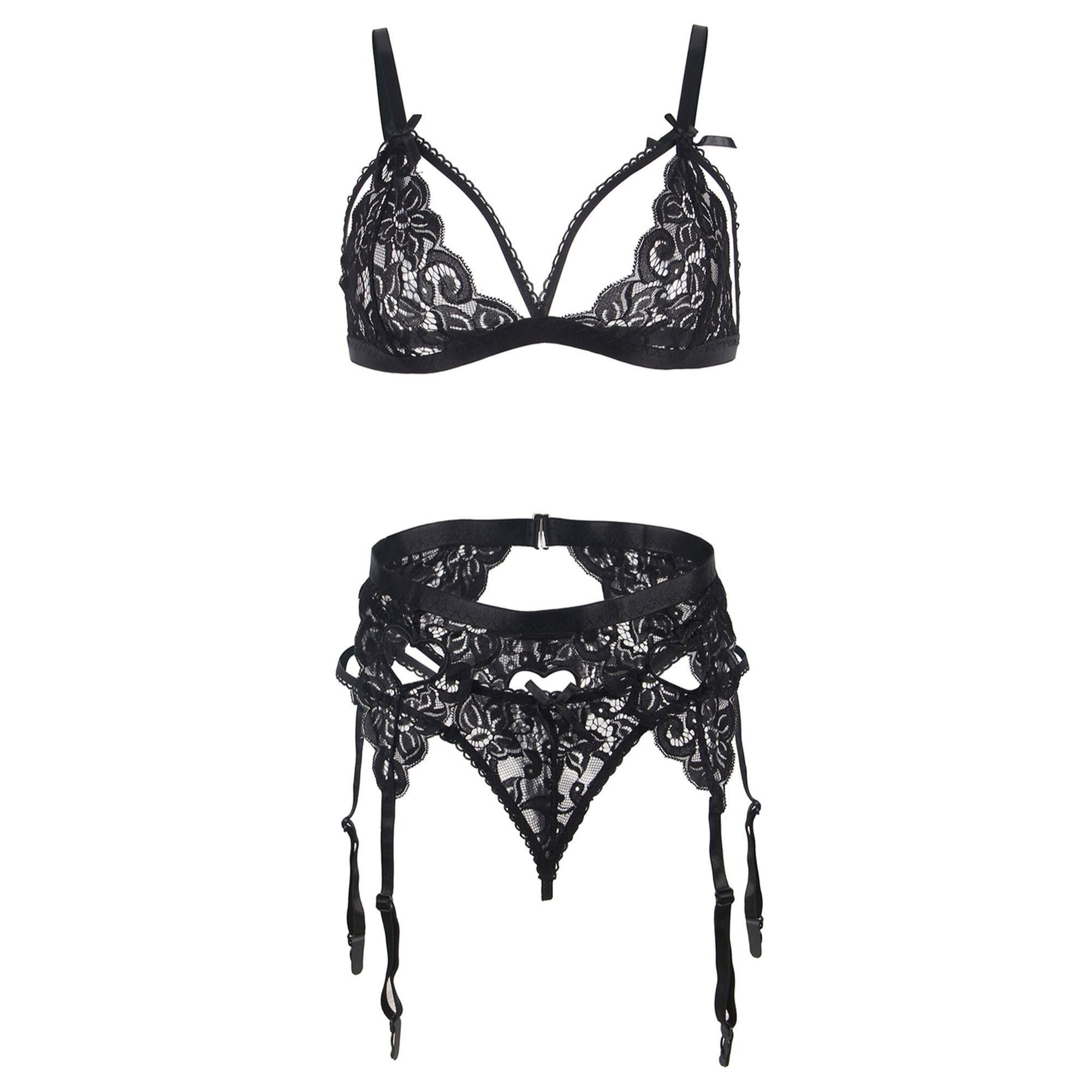 Conjunto Lencería de sujetador, tanga y liguero, Negro