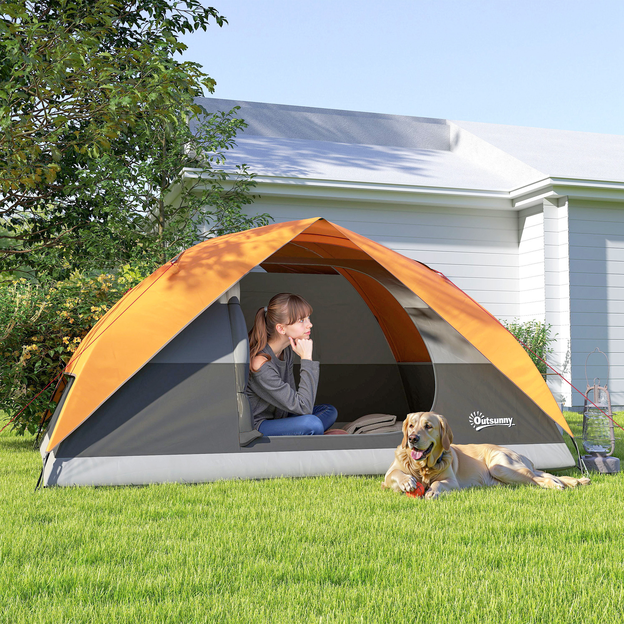 Tienda de Campaña para 2-4 Personas Tienda de Camping Plegable con Puerta Ventana de Malla Bolsillos Gancho y Bolsa de Transporte Impermeable Fácil Instalación para Senderismo Naranja y Gris