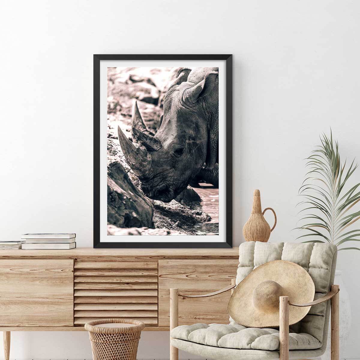 Affiche rhinoceros Affiche + cadre en bois - Noir