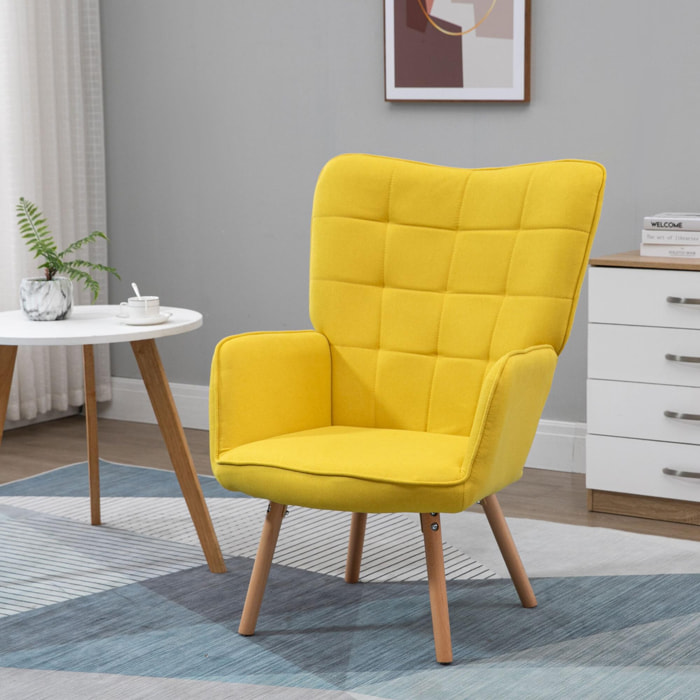 Butaca de Salón Moderna Sillón con Respaldo Alto Reposabrazos Tela de Lino y Patas de Madera de Haya para Comedor Cocina 71x76x101 cm Amarillo