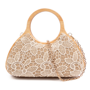 Avisio bolso de mano fabricado en madera natural, algodón y jute con diseño malla de tejido floral
