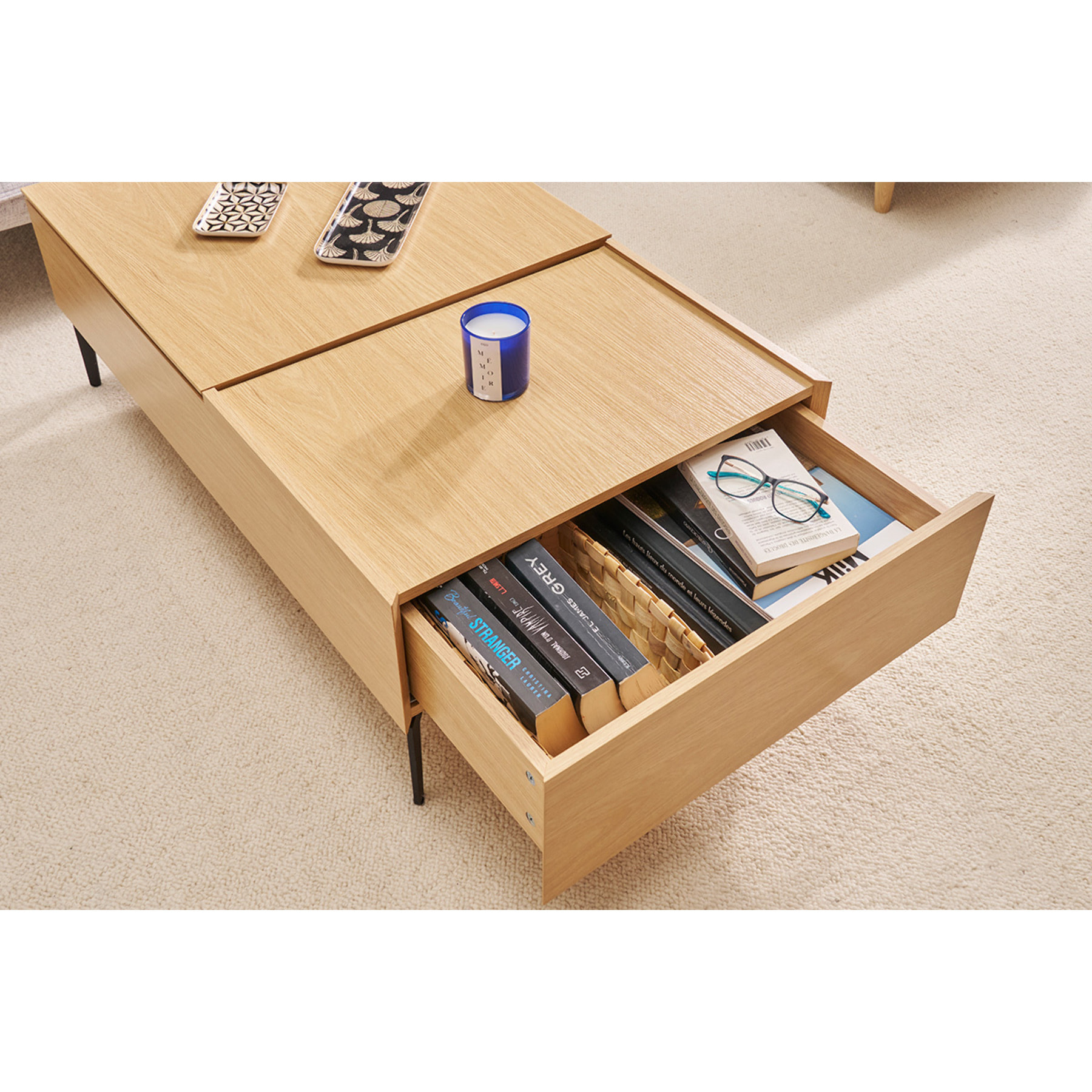 Table basse relevable rectangulaire bois clair finition chêne et métal noir L103 cm SEDA