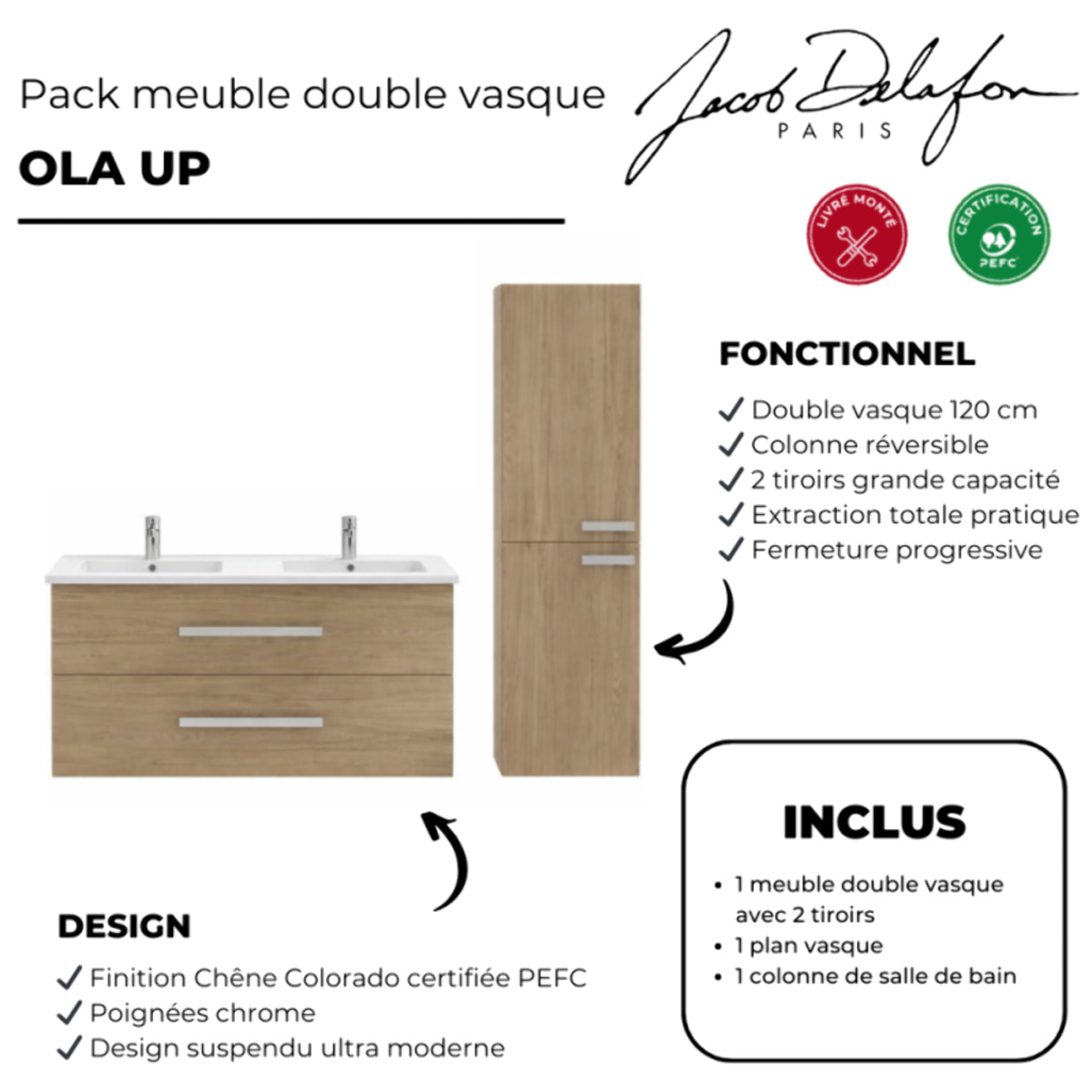 Meuble double vasque 120 cm Ola up + colonne de salle de bain chêne