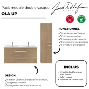 Meuble double vasque 120 cm Ola up + colonne de salle de bain chêne