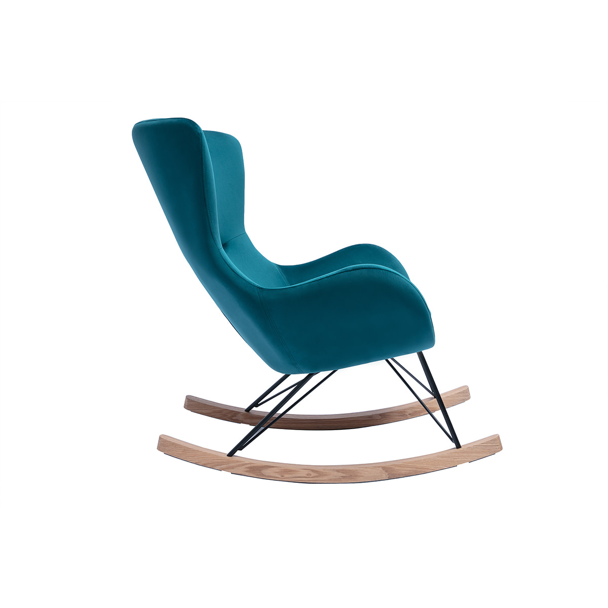 Rocking chair design en tissu velours gaufré bleu canard, métal noir et bois clair ESKUA