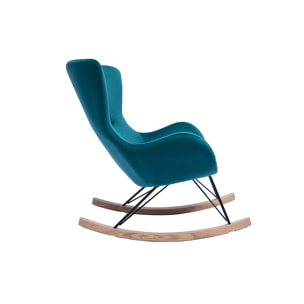 Rocking chair design en tissu velours gaufré bleu canard, métal noir et bois clair ESKUA