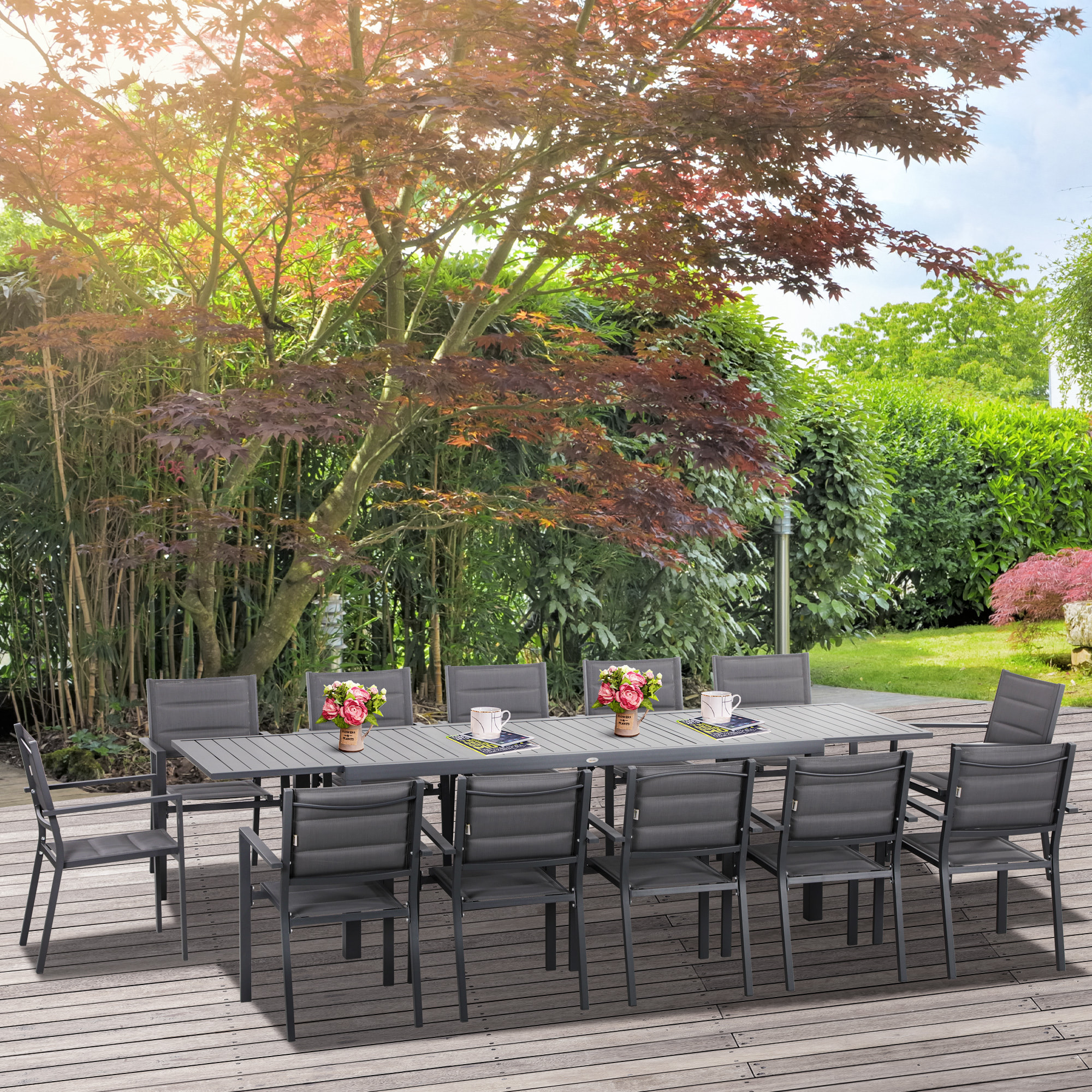 Ensemble de jardin 12 personnes chaises empilables table extensible 200/300L cm alu. textilène gris