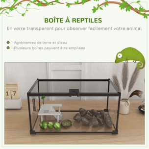 Terrarium en verre - vivarium reptiles & batraciens - habitat tortue - couvercle grillagé coulissant verrouillable - accessoires, thermomètre inclus - métal noir verre