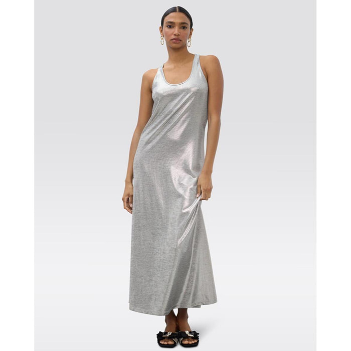 Abito lungo con spalline, tessuto laminato