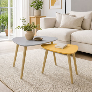 Lot de 2 tables basses gigognes design scandinave forme triangle de reuleaux bois MDF jaune orangé gris