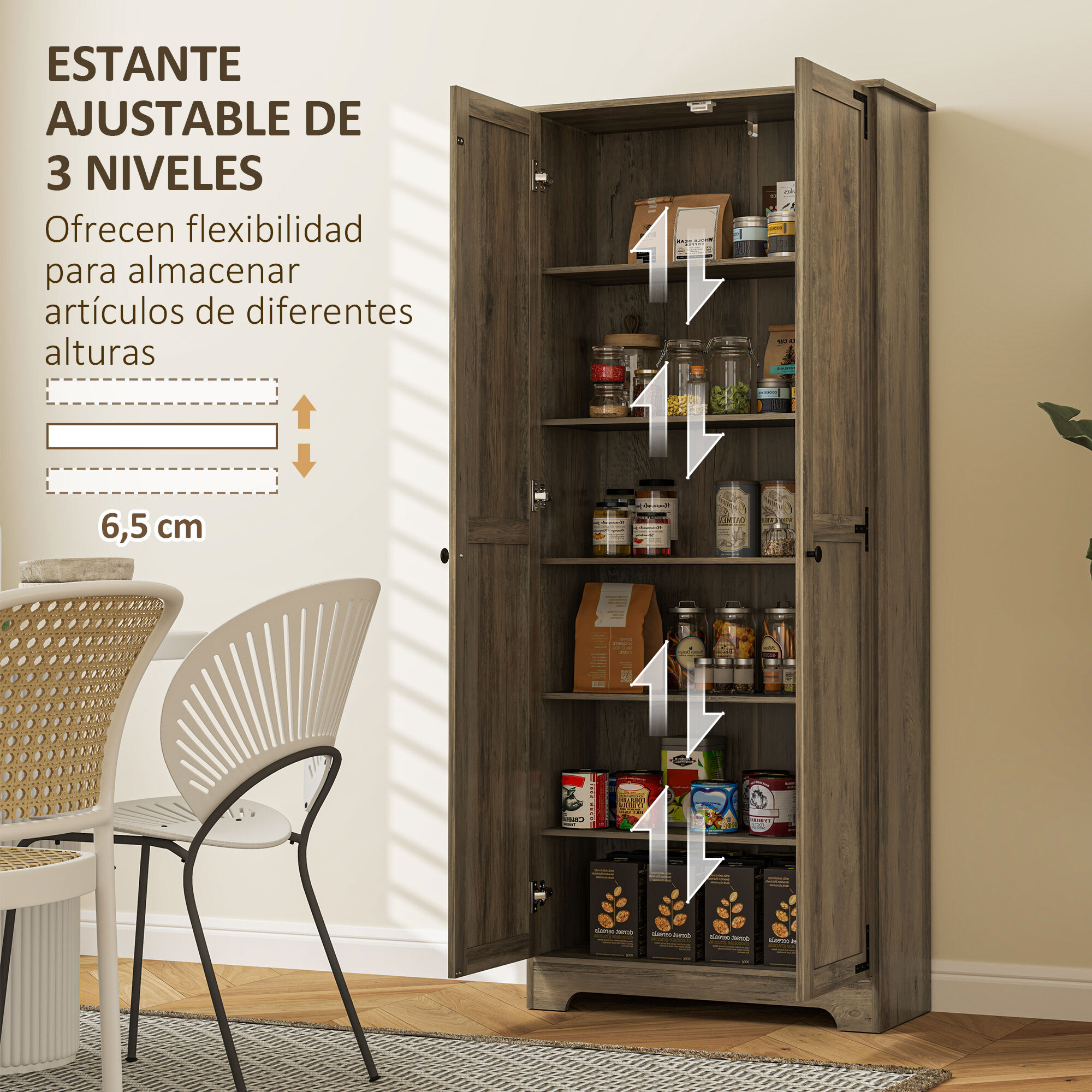 Alacena de Cocina Armario de Cocina Armario de Almacenaje con 2 Puertas y Estantes Ajustables para Comedor Salón 78x31,5x182 cm Marrón Grisáceo