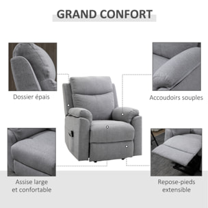 Fauteuil de relaxation électrique - fauteuil releveur inclinable avec repose-pied ajustable et télécommande - tissu polyester aspect lin gris clair chiné