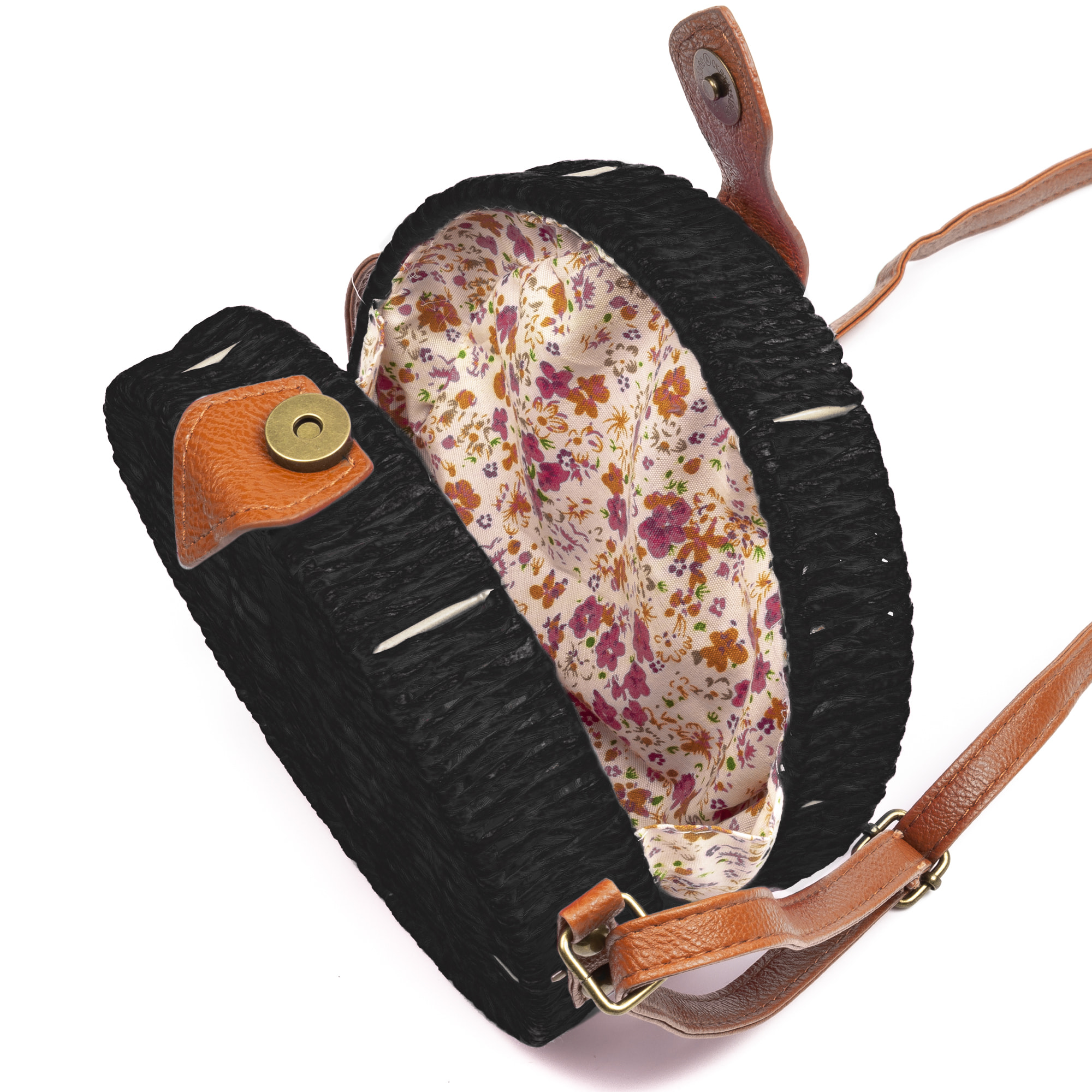 IRIA QUINTANA Borsa a tracolla da donna Cuneo. Tessuto Paglia Pelle Sintetica PU 18x4x18 Cm. Colore nero