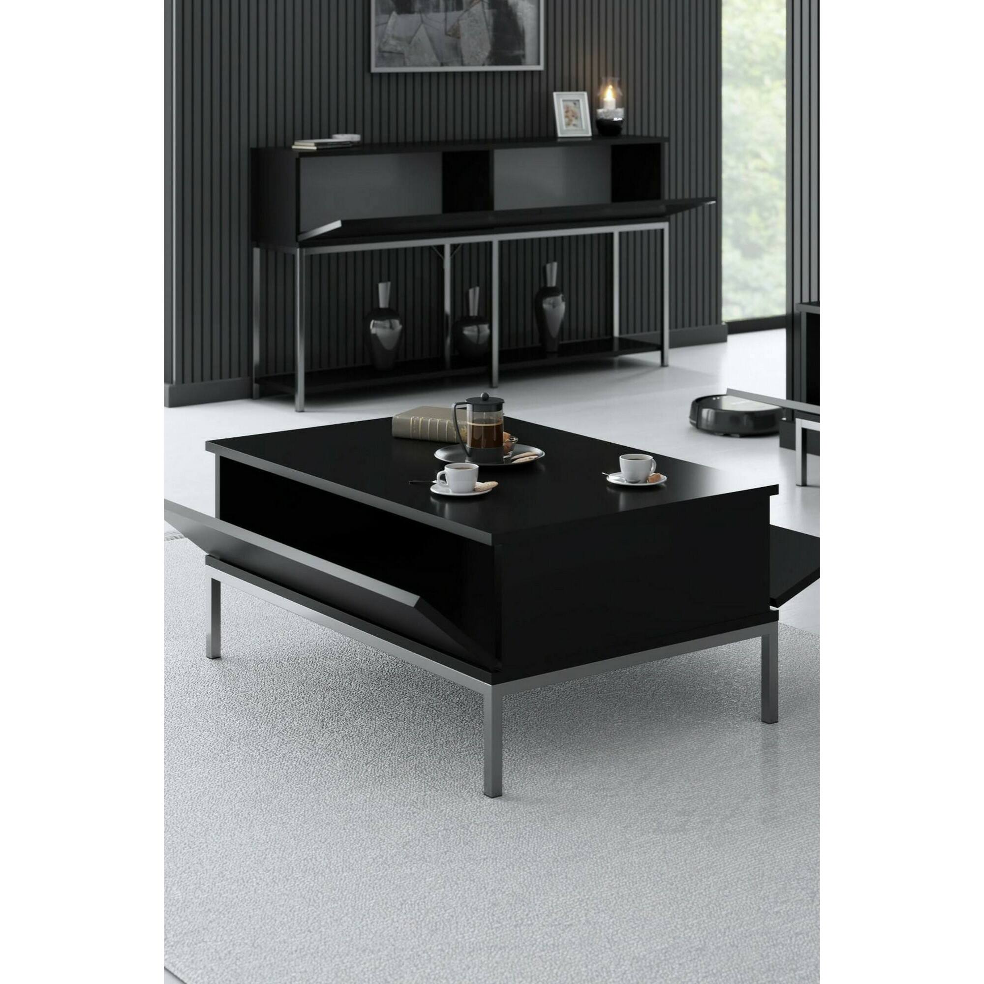 Tavolino da salotto Vespero, Tavolo basso da caffè, Portariviste per divano, Ripiano da soggiorno, 90x60h40 cm, Nero e Argento