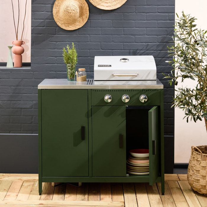 Barbecue gaz 3 brûleurs. vert. 3 portes et 2 espaces de rangement