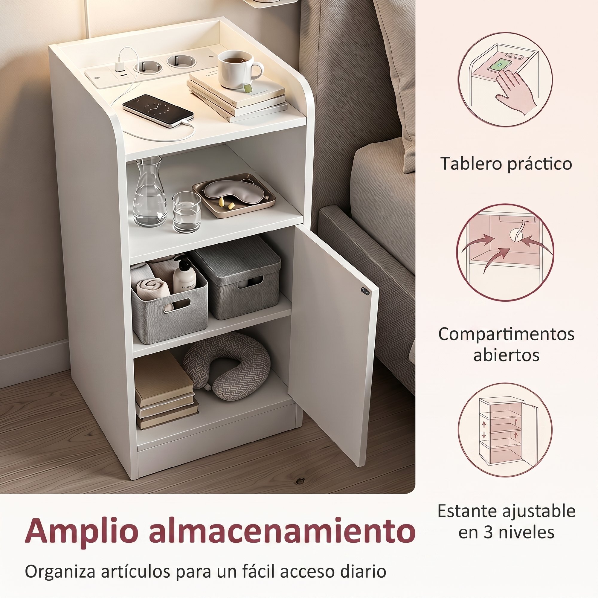 Mesitas de Noche Estrechas, Juego de 2, con Estación de Carga, Mesillas de Noche Dormitorio con Puerta, Compartimento Abierto, Estante Ajustable, Mesa Auxiliar para Espacios Reducidos, Blanco