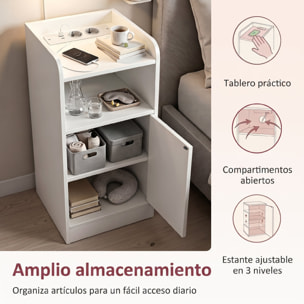 Mesitas de Noche Estrechas, Juego de 2, con Estación de Carga, Mesillas de Noche Dormitorio con Puerta, Compartimento Abierto, Estante Ajustable, Mesa Auxiliar para Espacios Reducidos, Blanco