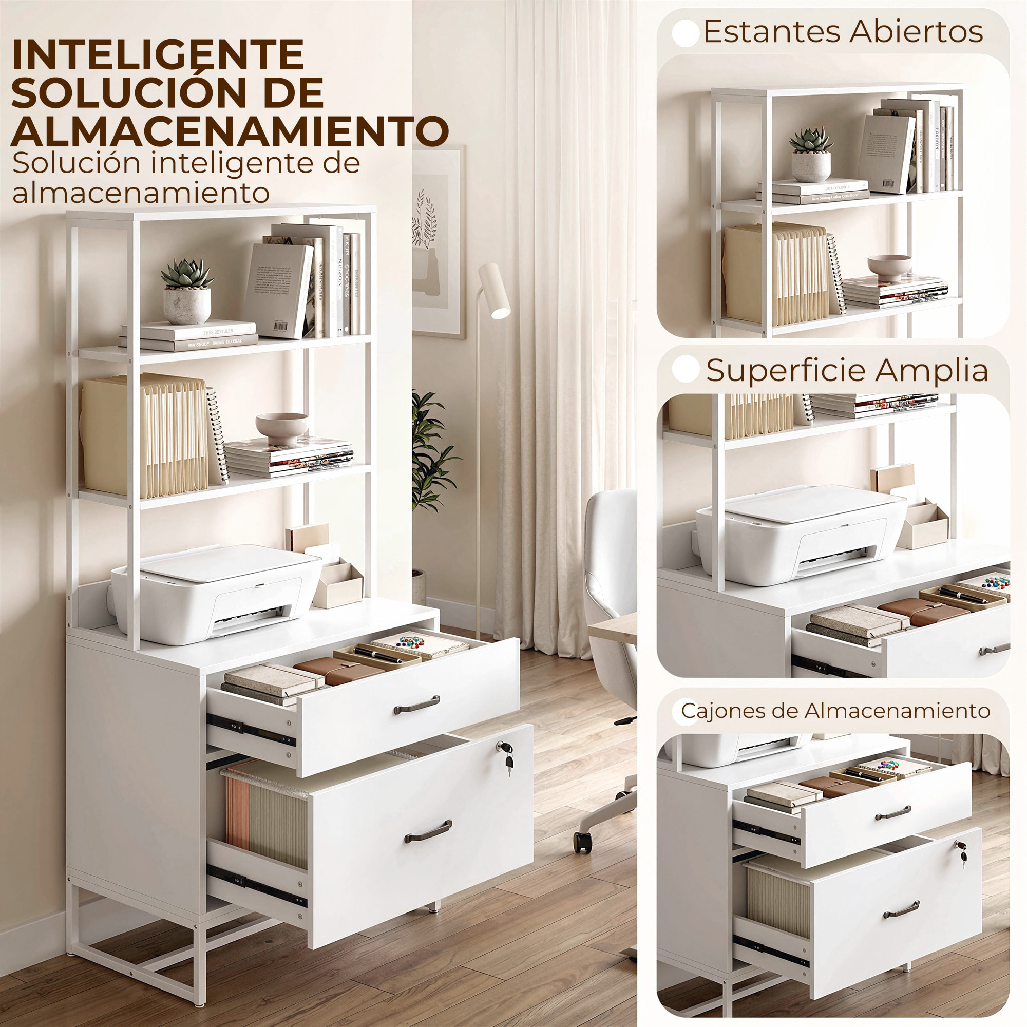 Cajonera Escritorio con Estantería, Mueble Archivador con 2 Cajones, Encimera para Impresora, Cerradura, para A4 Letter Legal, para Oficina, Estudio, Blanco