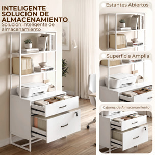Cajonera Escritorio con Estantería, Mueble Archivador con 2 Cajones, Encimera para Impresora, Cerradura, para A4 Letter Legal, para Oficina, Estudio, Blanco