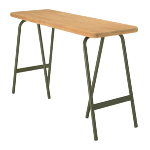 HELENA - Console plateau en pin et pieds tréteaux en métal vert