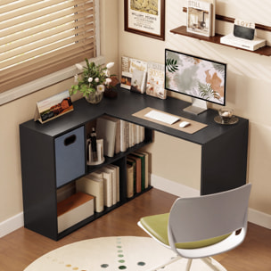 Bureau d'angle tiroir non tissé gris étagère 3 compartiments dim. 110 x 100 x 75 cm noir