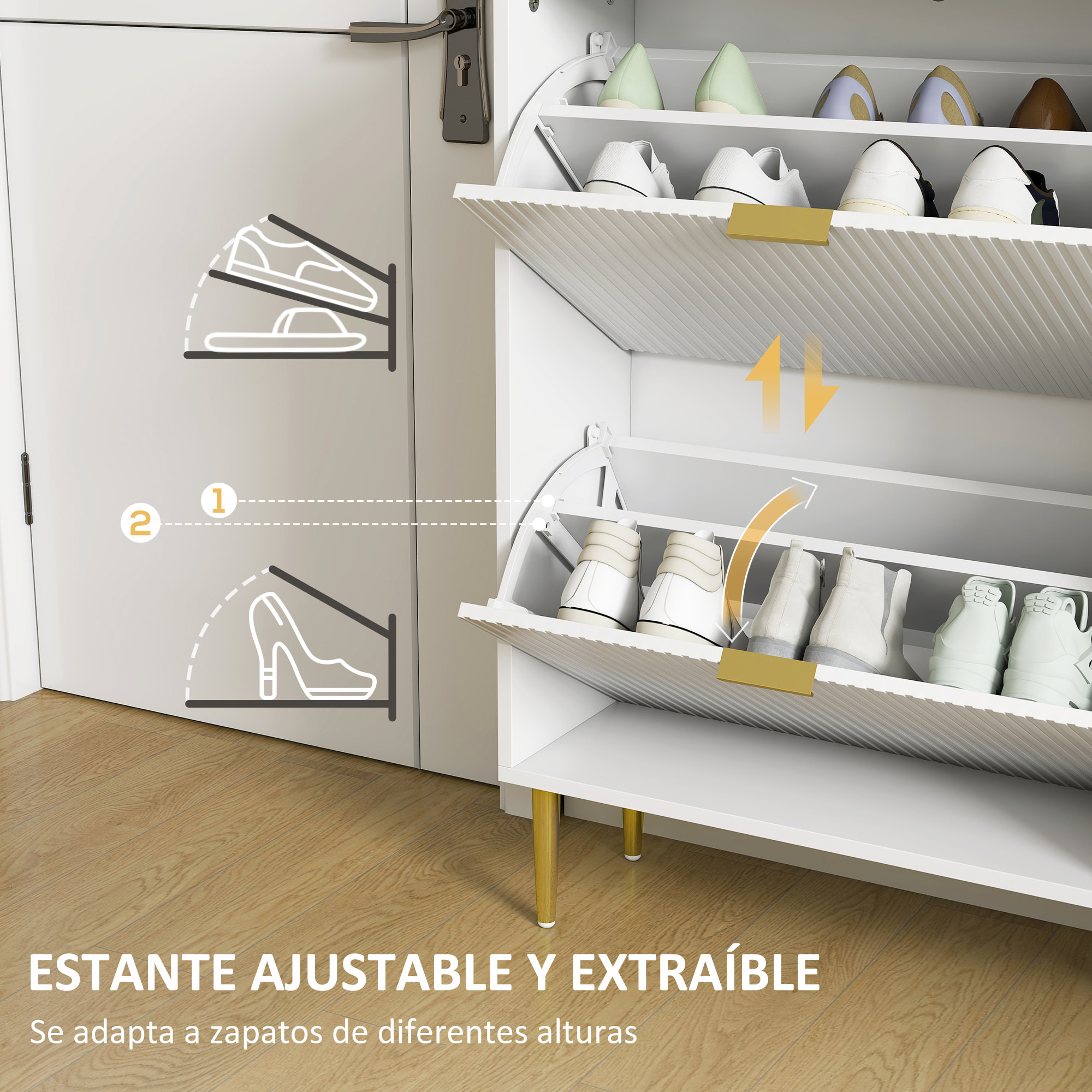 Zapatero Estrecho con 3 Puertas Acanaladas Zapatero Entrada Recibidor con Estantes Ajustables para 18 Pares de Zapatos 60x24x128 cm Blanco