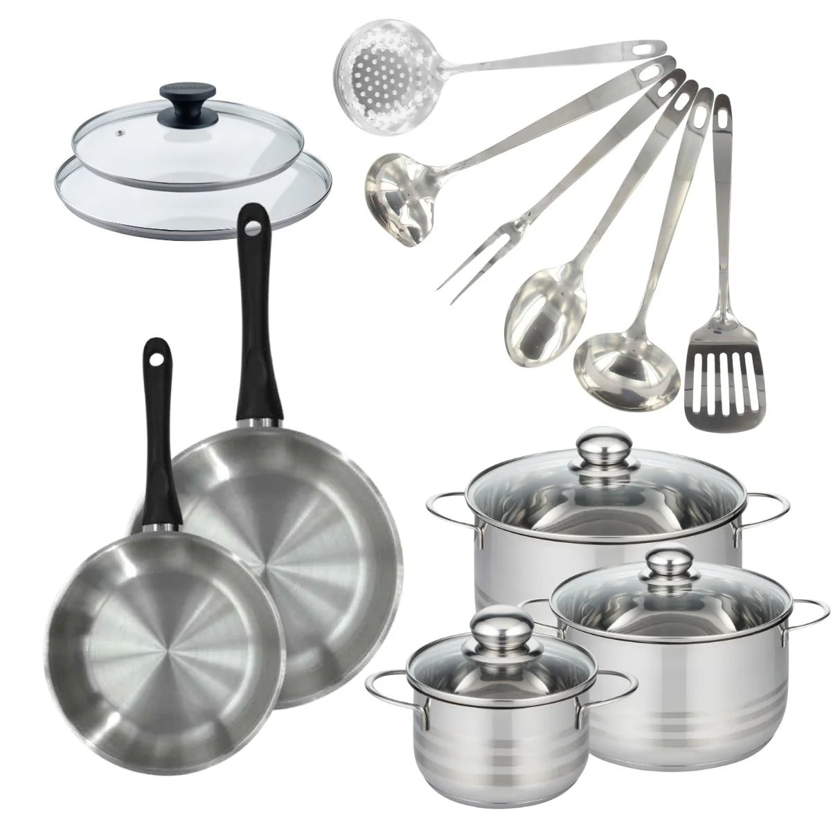 Set de 2 poêles inox, couvercle verre, 3 faitouts inox et 6 ustensiles inox Fackelmann Geneva