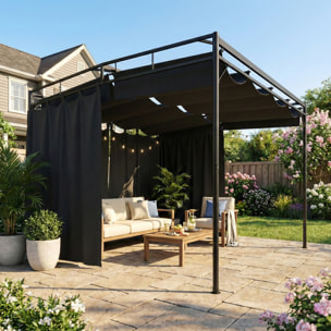 Pergola de jardin toit rétractable rideaux métal gris anthracite