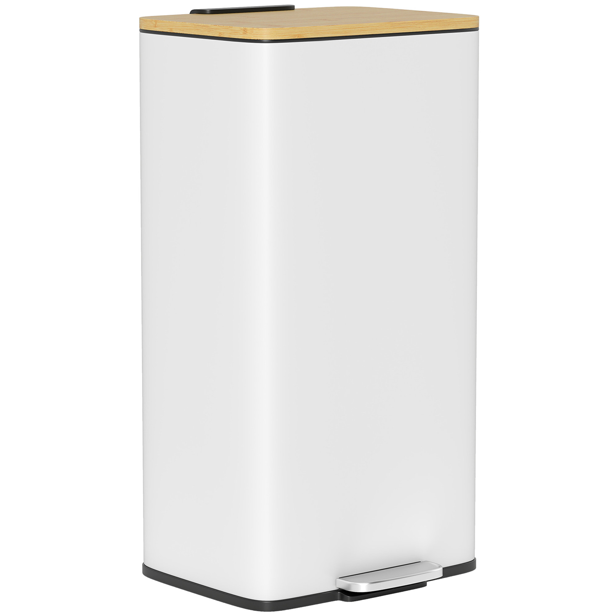 Cubo de Basura Cocina con Pedal, 20L, Tapa de Bambú de Cierre Suave, Papelera de Cocina con Cubo Interior Extraíble, Anti-Huellas, para Dormitorio, Salón, 29,5x29,5x56,8 cm, Blanco y Natural