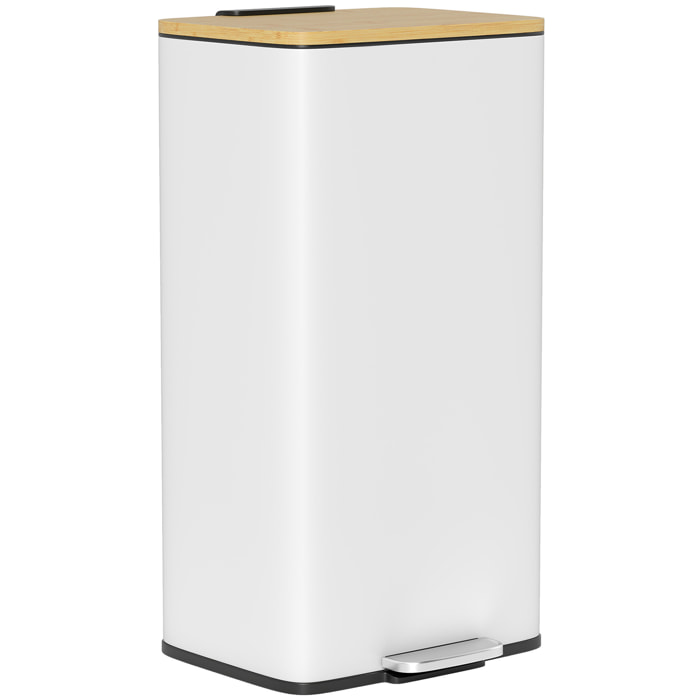 Cubo de Basura Cocina con Pedal, 20L, Tapa de Bambú de Cierre Suave, Papelera de Cocina con Cubo Interior Extraíble, Anti-Huellas, para Dormitorio, Salón, 29,5x29,5x56,8 cm, Blanco y Natural